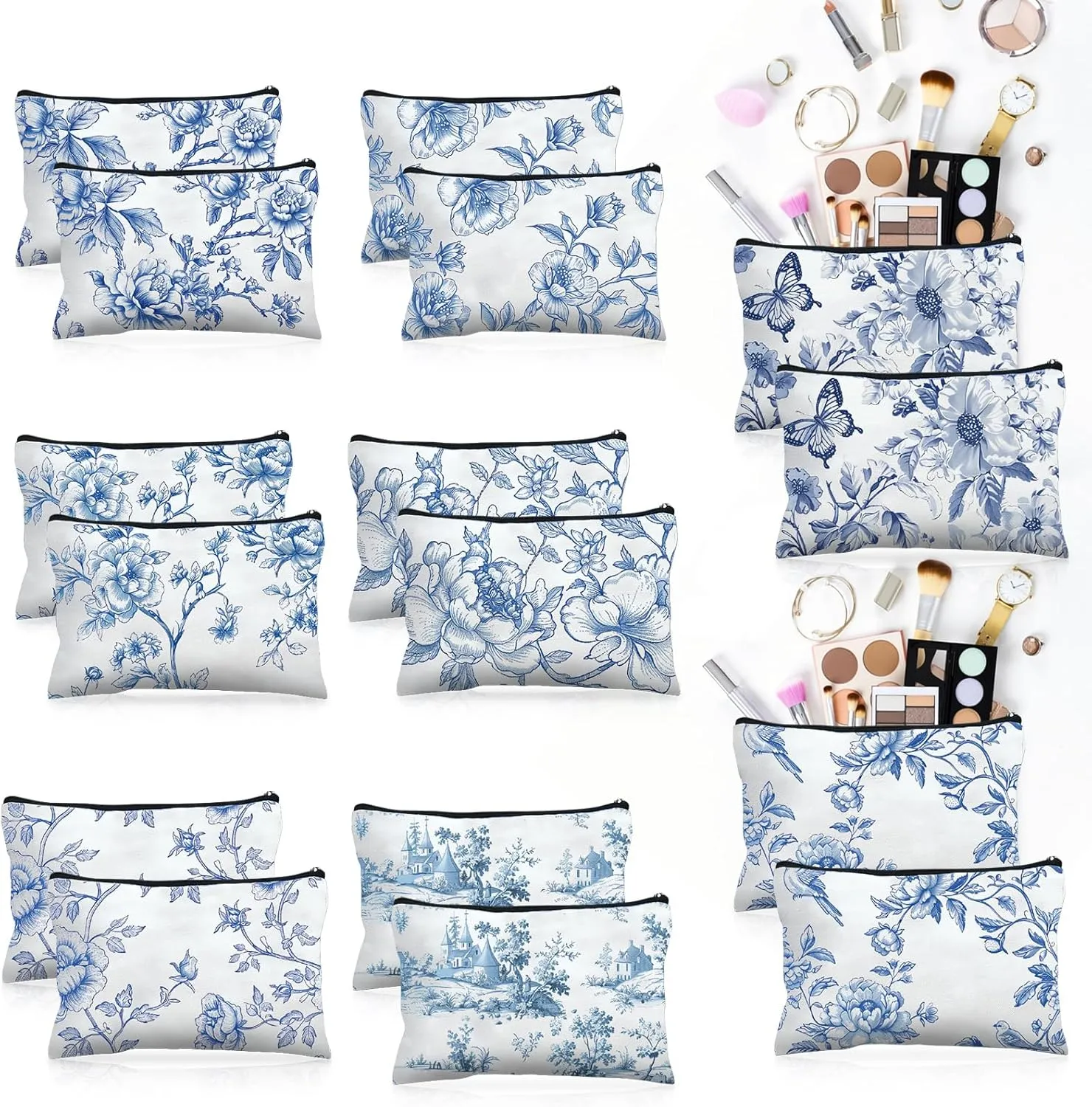 16 Pcs Floral Cosmetic Bags Bulk for Women Blue and White Floral Makeup Bags Chinoiserie Canvas Travel Zipper Pouches Aesthetic Toiletry Bag for Girls Teacher Appreciation Supplies