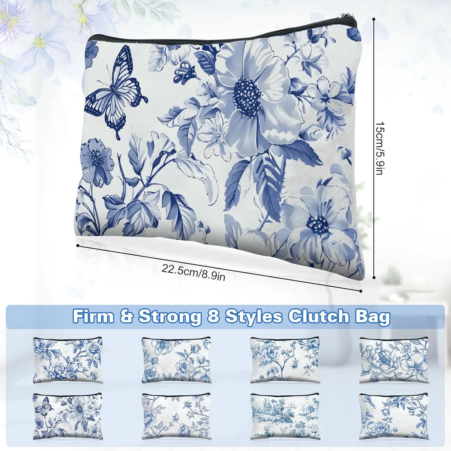 16 Pcs Floral Cosmetic Bags Bulk for Women Blue and White Floral Makeup Bags Chinoiserie Canvas Travel Zipper Pouches Aesthetic Toiletry Bag for Girls Teacher Appreciation Supplies