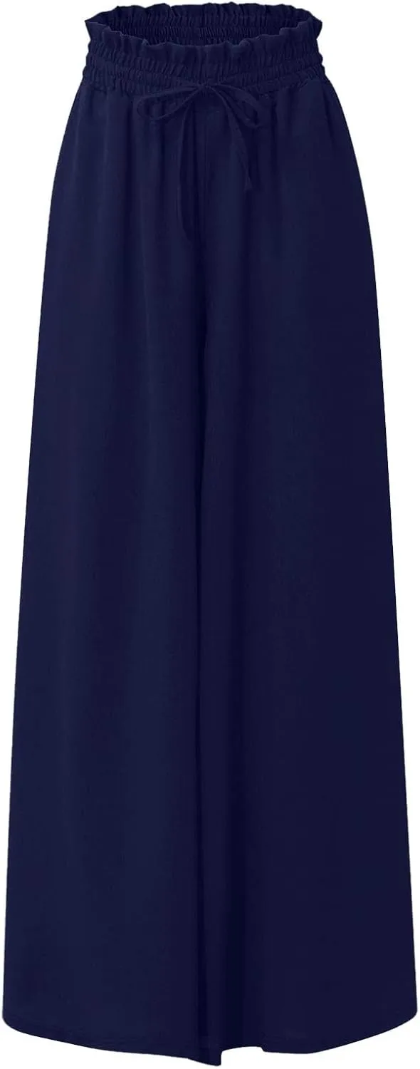 2024 High Waist Pants Solid Color Womens Spring Pleated Wide Leg Basic with Belt Daily Dressy Casual Trousers