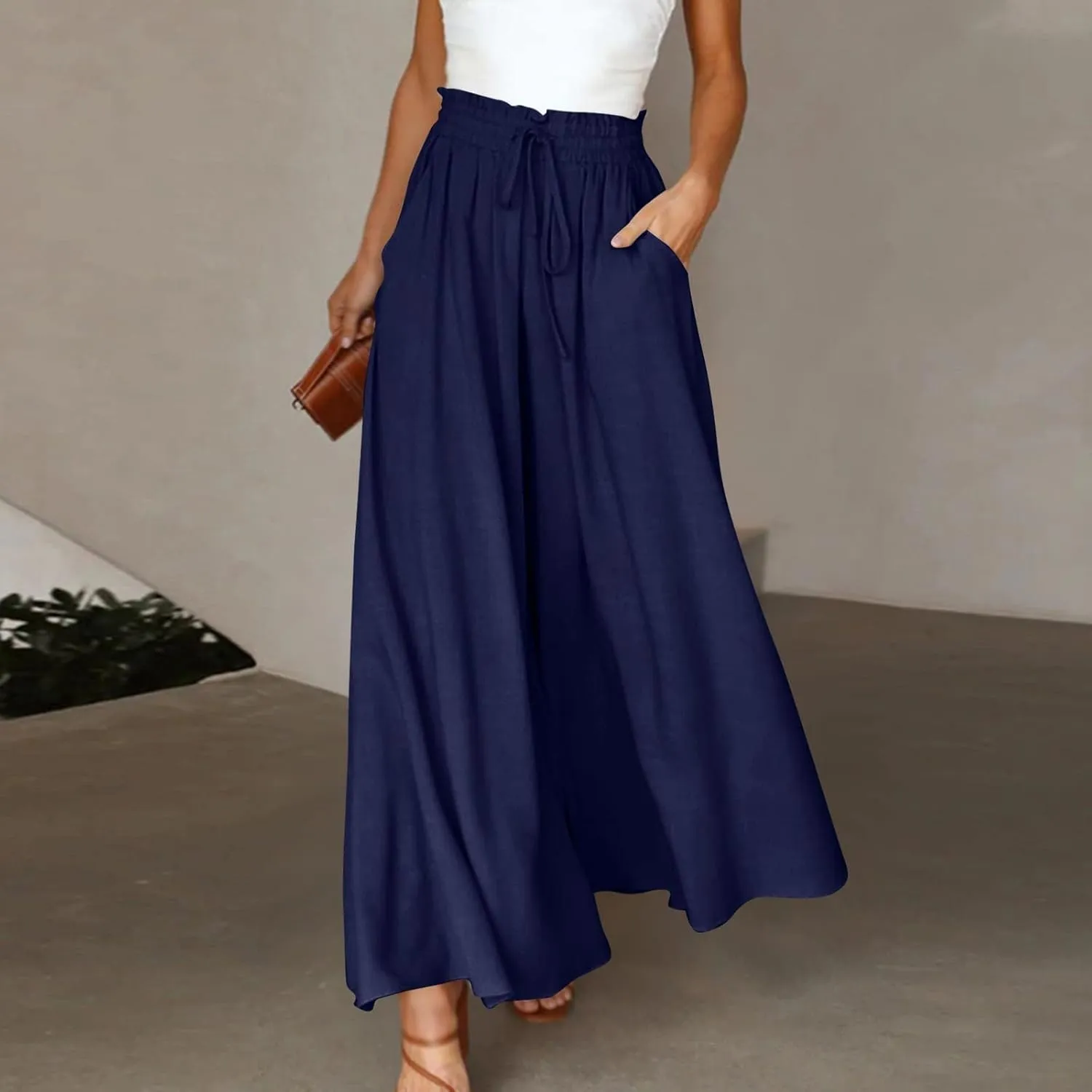 2024 High Waist Pants Solid Color Womens Spring Pleated Wide Leg Basic with Belt Daily Dressy Casual Trousers