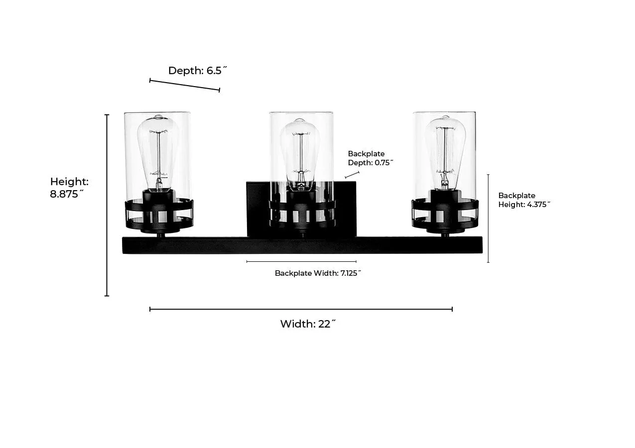 3 Lamps Lunden Vanity Light - Matte Black - Clear Glass - 22in. Wide