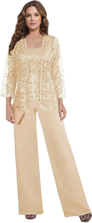 3 Pieces Pant Suits for Women Dressy - Chiffon Lace Mother of The Bride Pant Suits for Wedding with Jacket