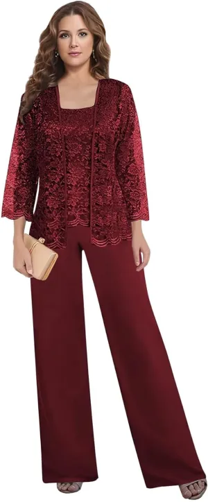 3 Pieces Pant Suits for Women Dressy - Chiffon Lace Mother of The Bride Pant Suits for Wedding with Jacket