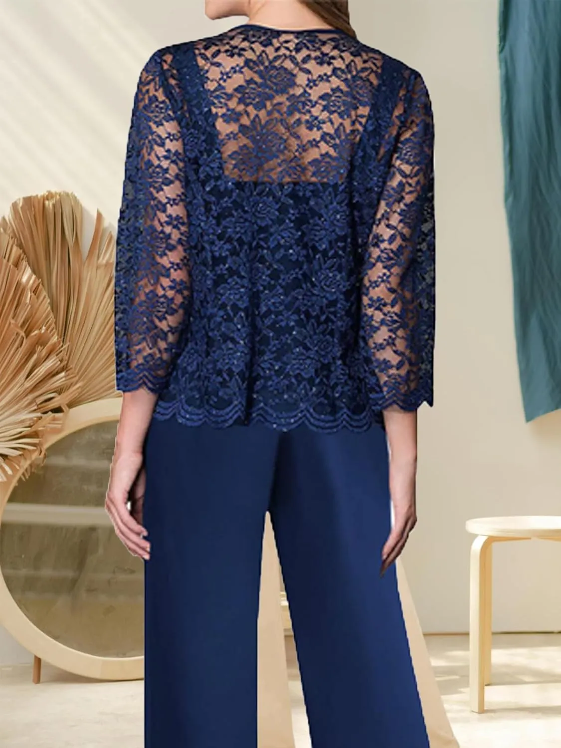 3 Pieces Pant Suits for Women Dressy - Chiffon Lace Mother of The Bride Pant Suits for Wedding with Jacket