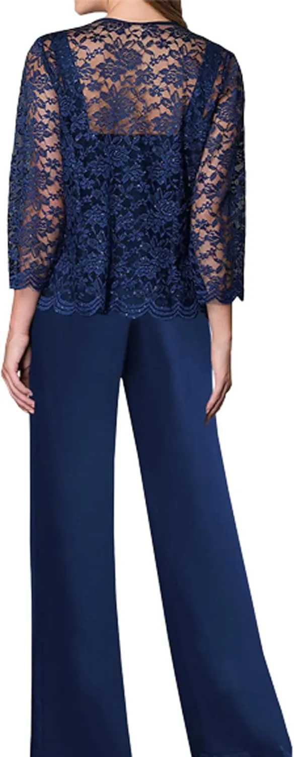 3 Pieces Pant Suits for Women Dressy - Chiffon Lace Mother of The Bride Pant Suits for Wedding with Jacket