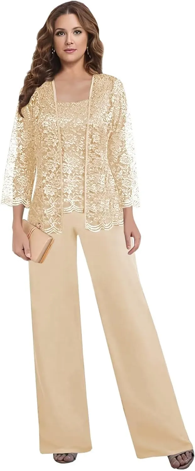 3 Pieces Pant Suits for Women Dressy - Chiffon Lace Mother of The Bride Pant Suits for Wedding with Jacket