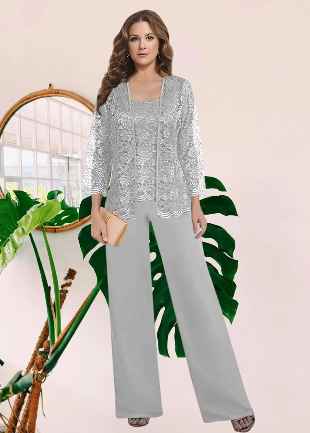 3 Pieces Pant Suits for Women Dressy - Chiffon Lace Mother of The Bride Pant Suits for Wedding with Jacket