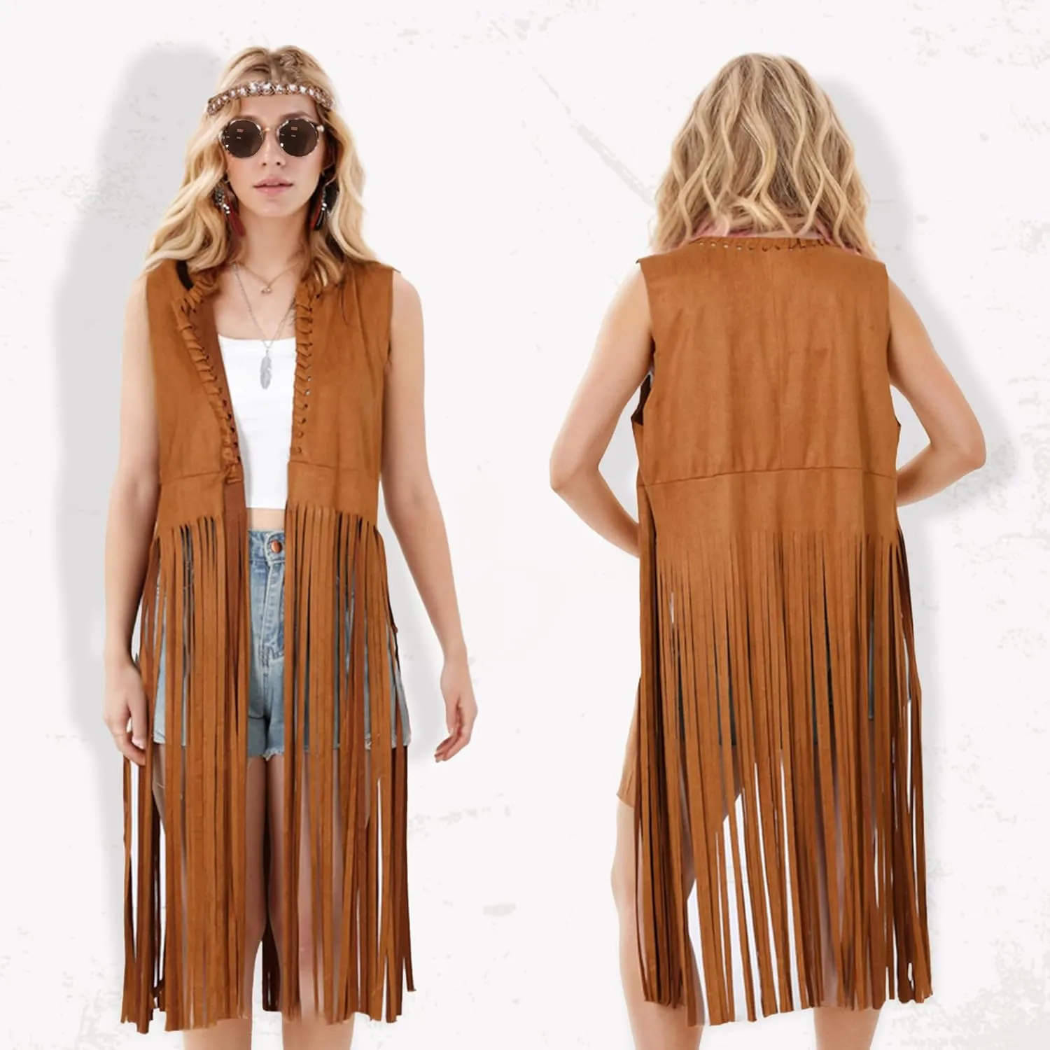 60s 70s Outfits for Women 6Pcs Disco Hippie Costume Clothes Cowgirl 70s Cosplay Tops Women Fringe Vest Accessories