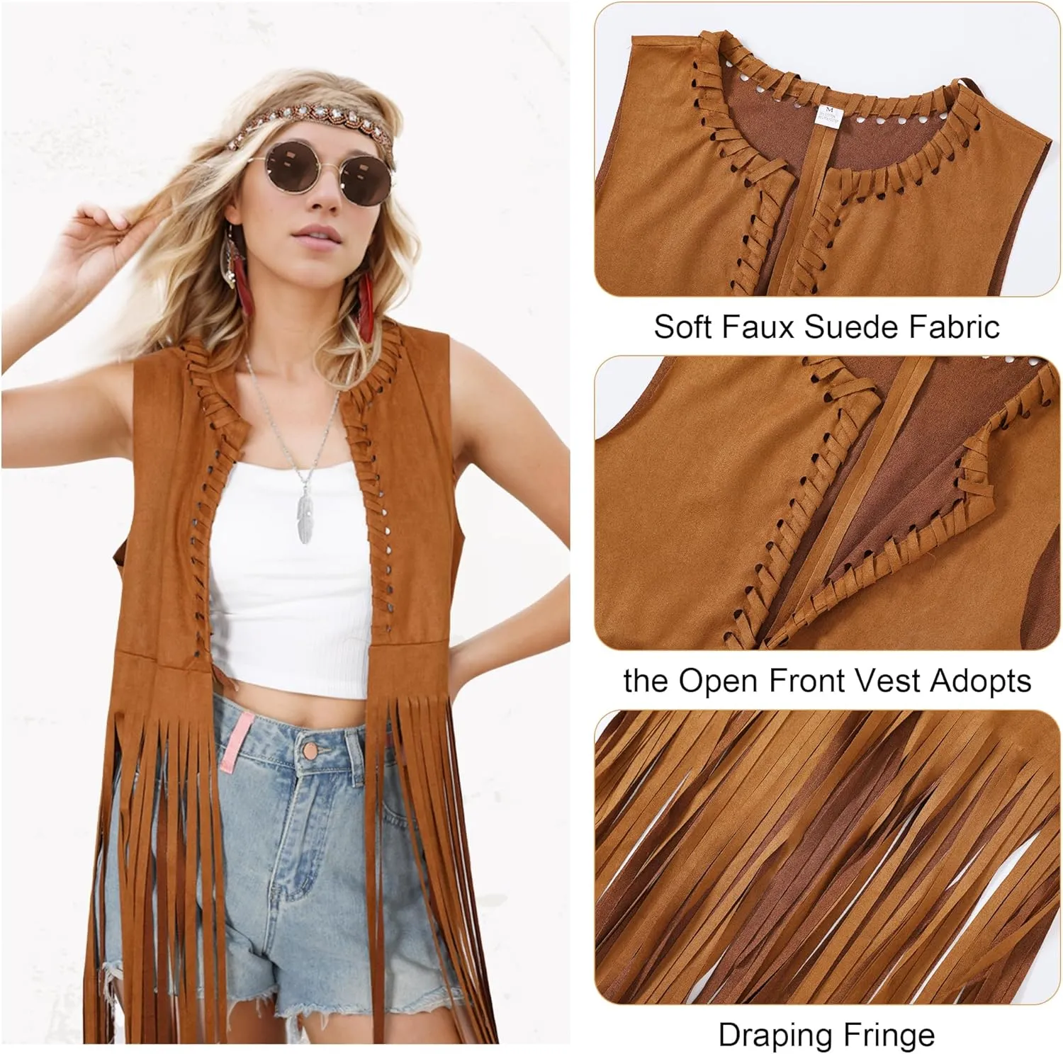 60s 70s Outfits for Women 6Pcs Disco Hippie Costume Clothes Cowgirl 70s Cosplay Tops Women Fringe Vest Accessories