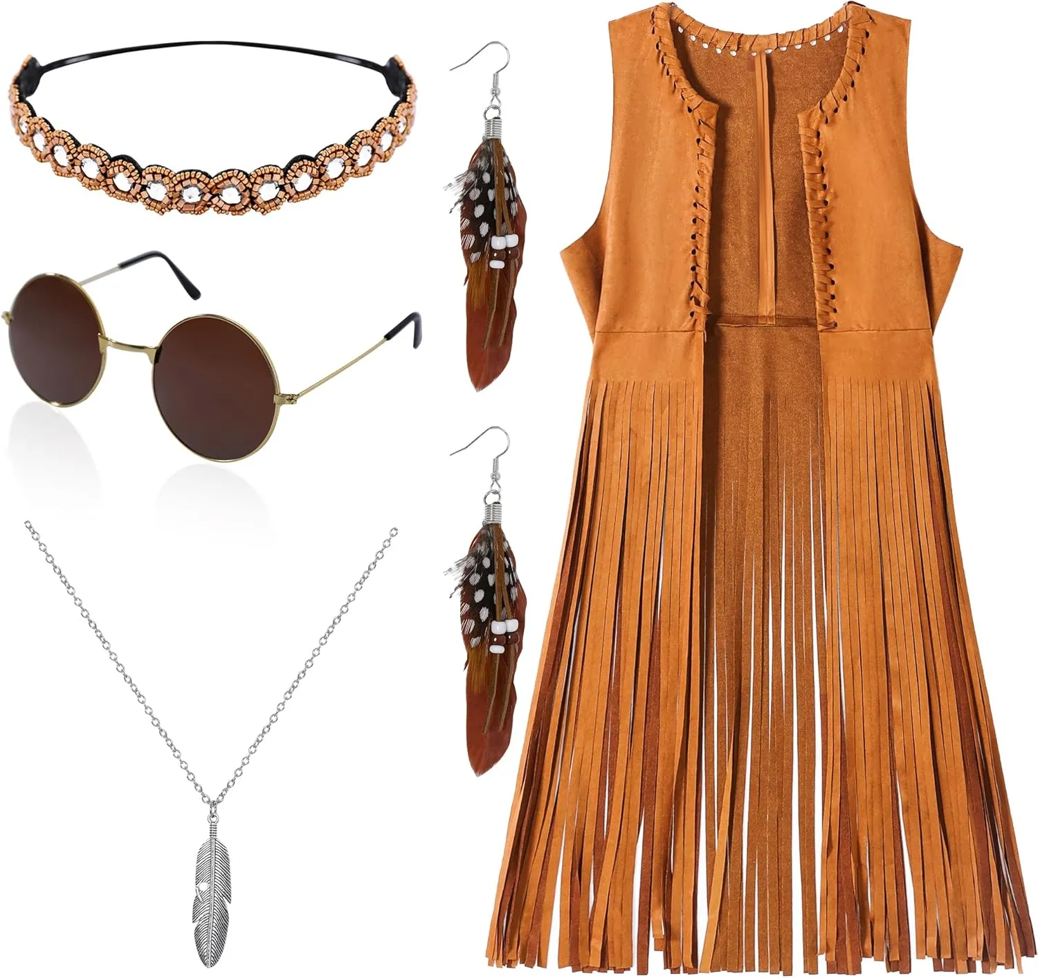 60s 70s Outfits for Women 6Pcs Disco Hippie Costume Clothes Cowgirl 70s Cosplay Tops Women Fringe Vest Accessories