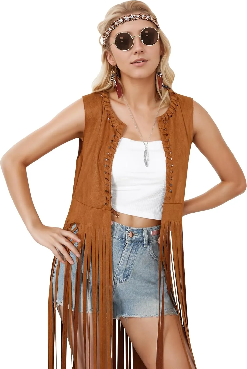 60s 70s Outfits for Women 6Pcs Disco Hippie Costume Clothes Cowgirl 70s Cosplay Tops Women Fringe Vest Accessories