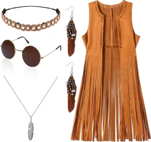 60s 70s Outfits for Women 6Pcs Disco Hippie Costume Clothes Cowgirl 70s Cosplay Tops Women Fringe Vest Accessories