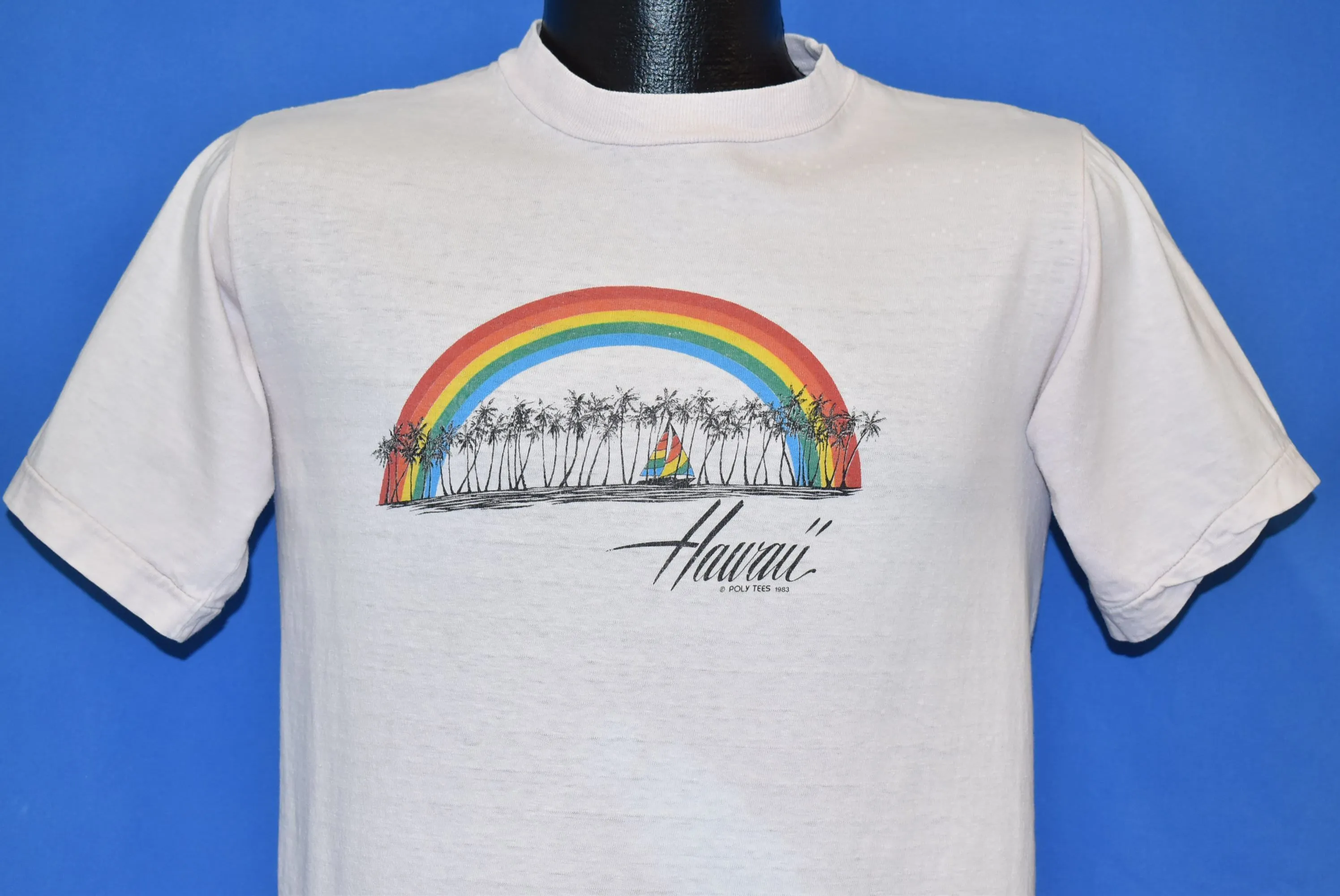 80s Hawaii Rainbow Poly Tees Palm Trees Pink t-shirt Medium