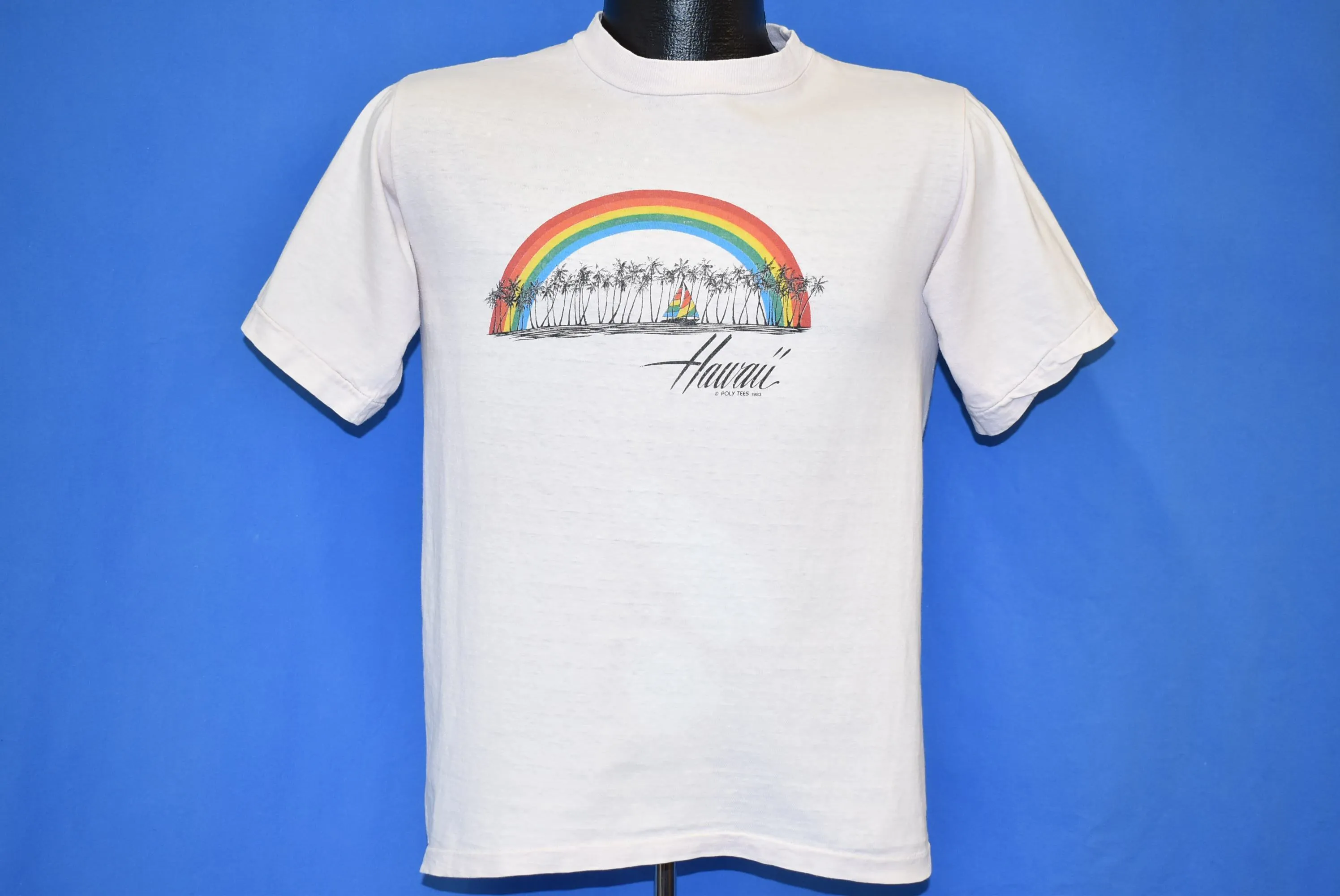 80s Hawaii Rainbow Poly Tees Palm Trees Pink t-shirt Medium