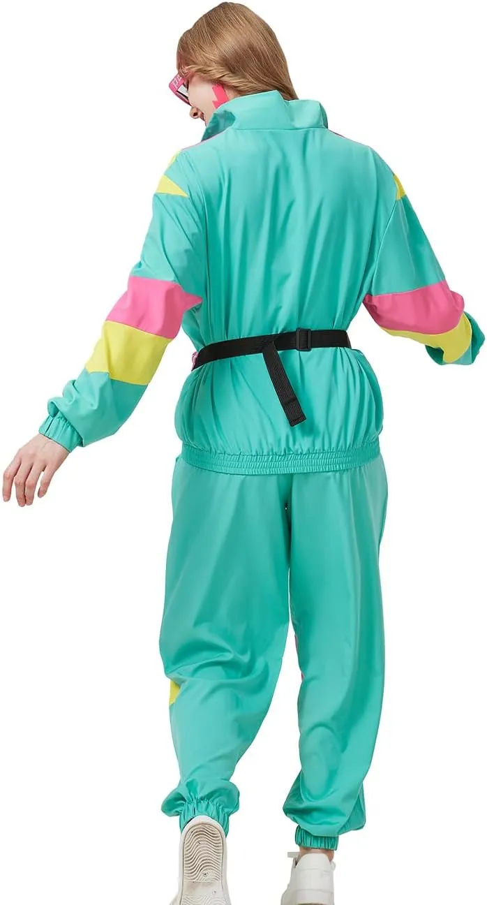 80s Tracksuit for Women Retro Windbreaker Outfit 90s Color Block Sportswear Set with Jacket Sweatpants