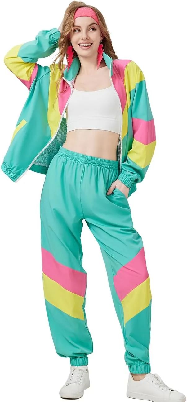 80s Tracksuit for Women Retro Windbreaker Outfit 90s Color Block Sportswear Set with Jacket Sweatpants