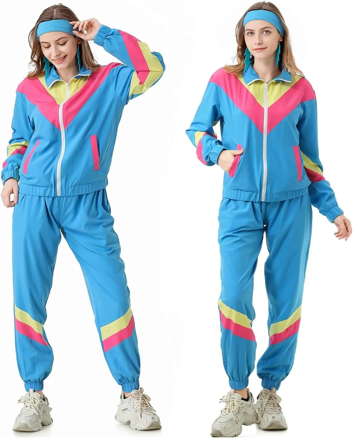80s Tracksuit for Women Retro Windbreaker Outfit 90s Color Block Sportswear Set with Jacket Sweatpants