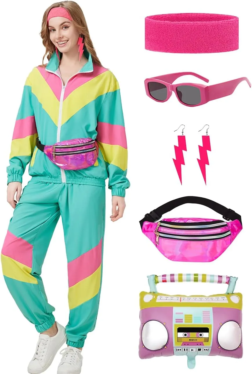 80s Tracksuit for Women Retro Windbreaker Outfit 90s Color Block Sportswear Set with Jacket Sweatpants