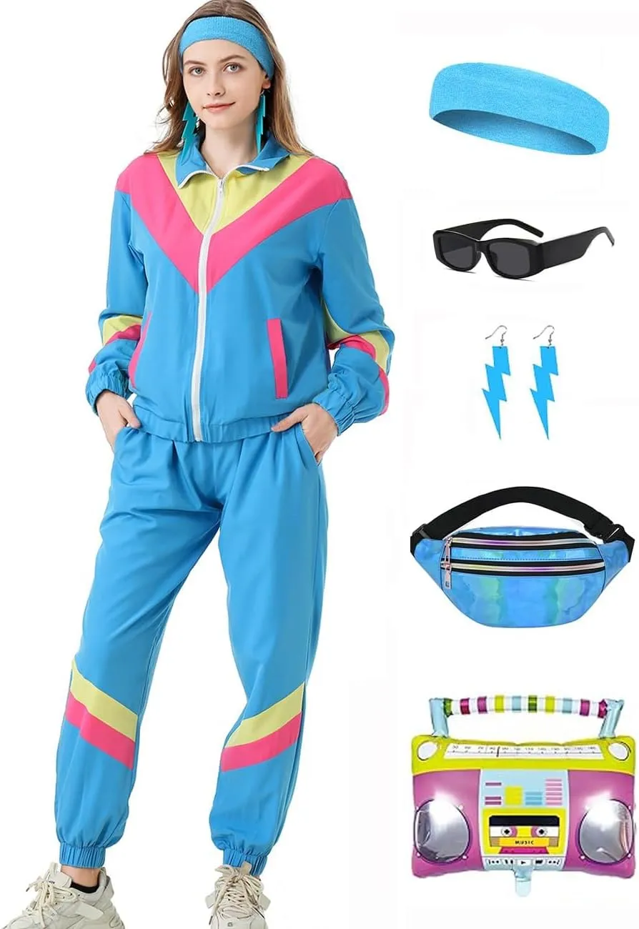 80s Tracksuit for Women Retro Windbreaker Outfit 90s Color Block Sportswear Set with Jacket Sweatpants