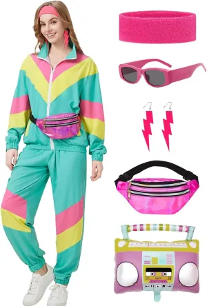 80s Tracksuit for Women Retro Windbreaker Outfit 90s Color Block Sportswear Set with Jacket Sweatpants