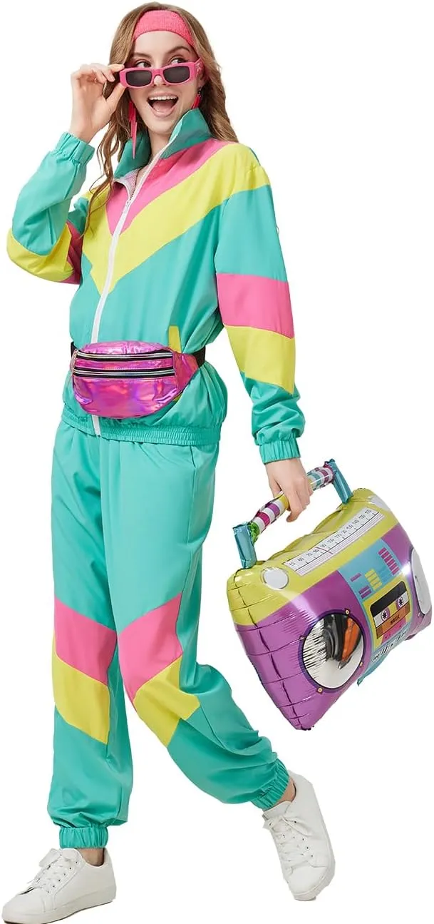 80s Tracksuit for Women Retro Windbreaker Outfit 90s Color Block Sportswear Set with Jacket Sweatpants