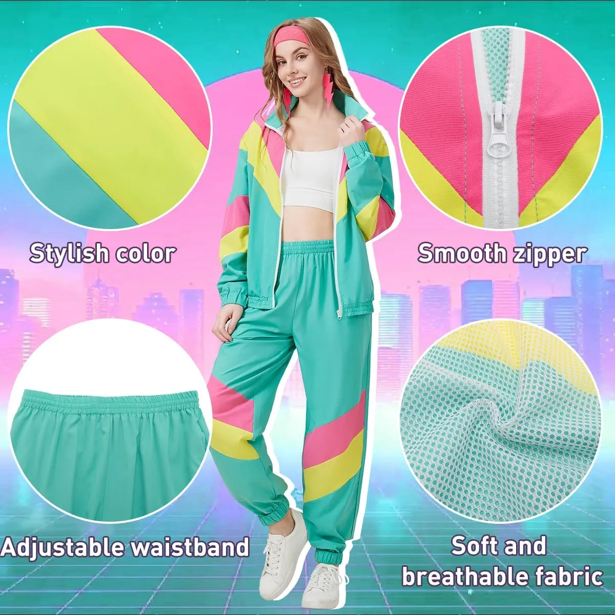 80s Tracksuit for Women Retro Windbreaker Outfit 90s Color Block Sportswear Set with Jacket Sweatpants