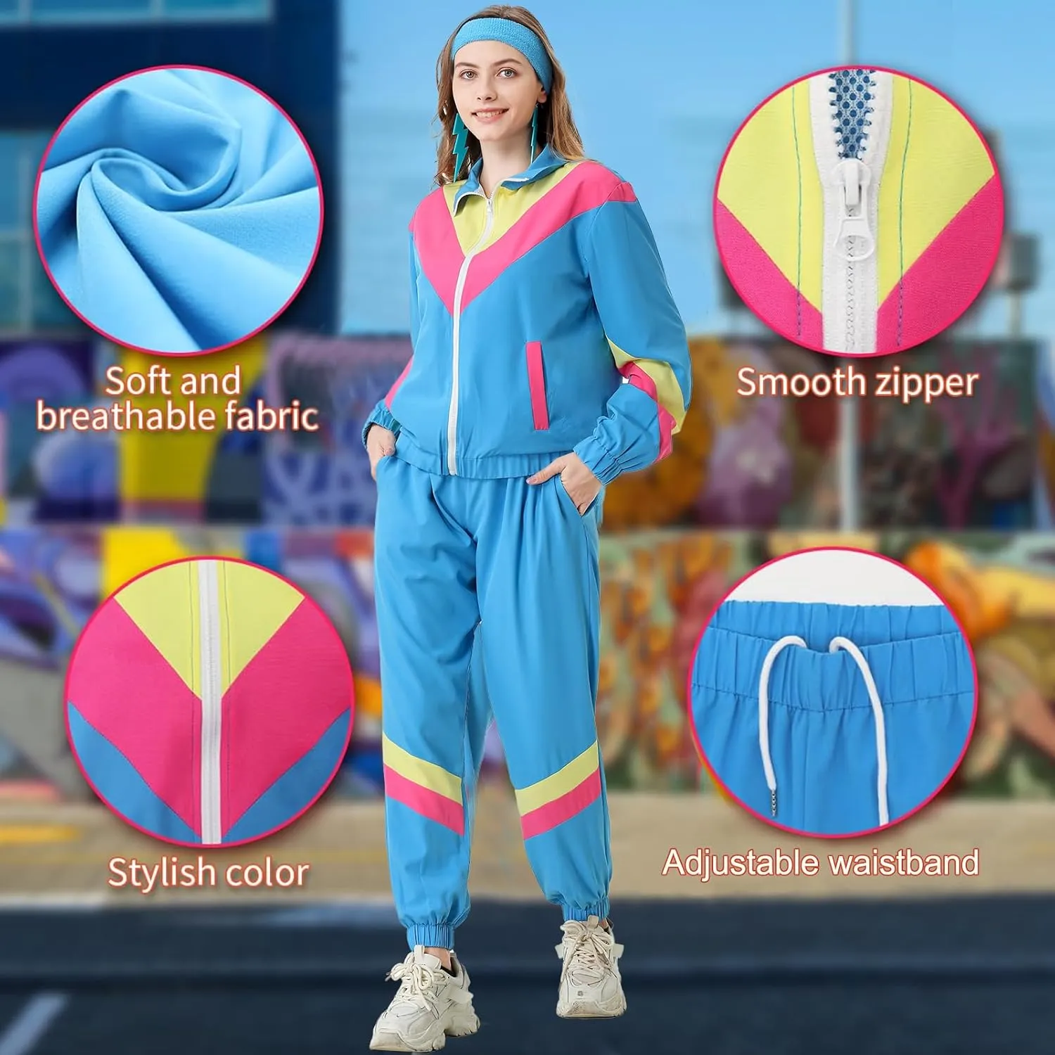 80s Tracksuit for Women Retro Windbreaker Outfit 90s Color Block Sportswear Set with Jacket Sweatpants