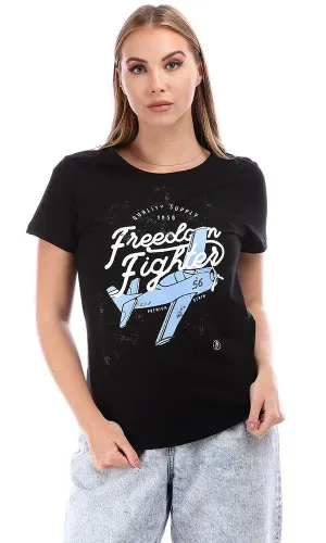 95454 Wide Crew Neck Printed Short Sleeves T-Shirt - Black