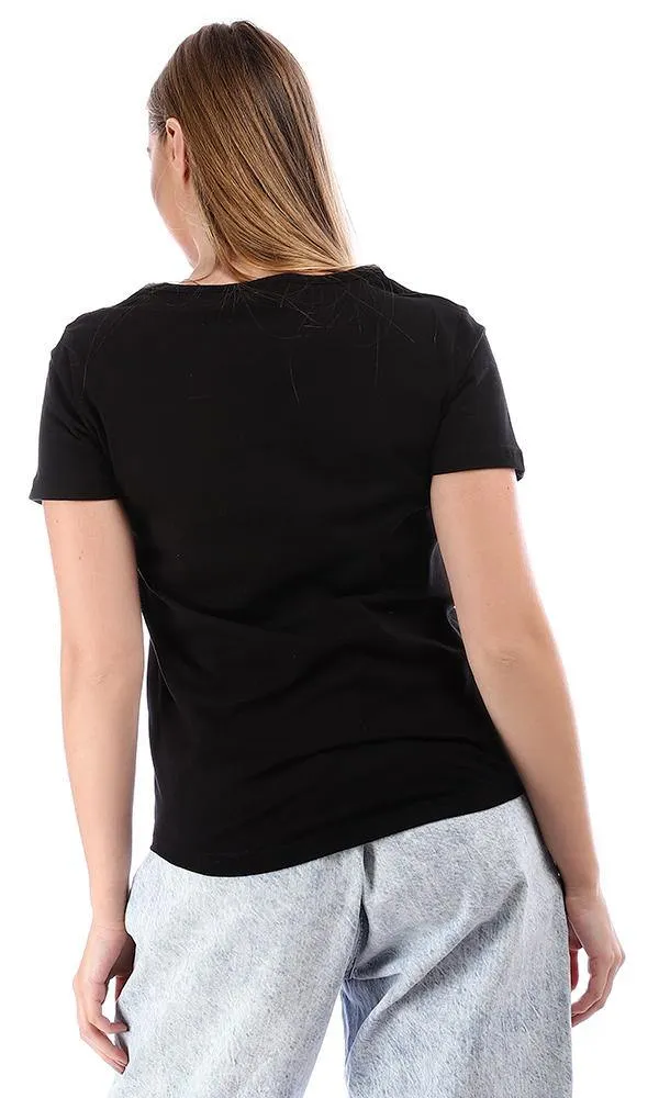 95454 Wide Crew Neck Printed Short Sleeves T-Shirt - Black