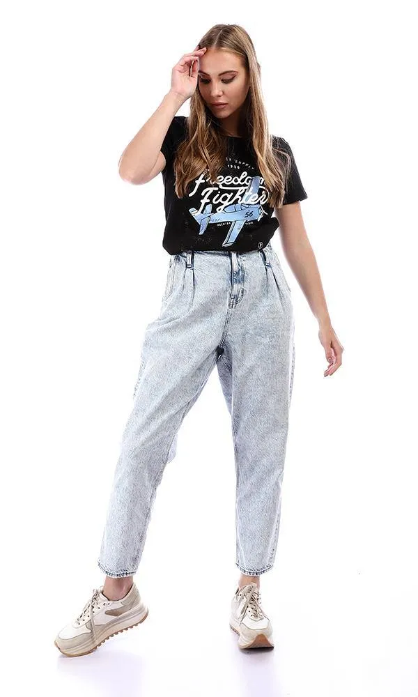 95454 Wide Crew Neck Printed Short Sleeves T-Shirt - Black
