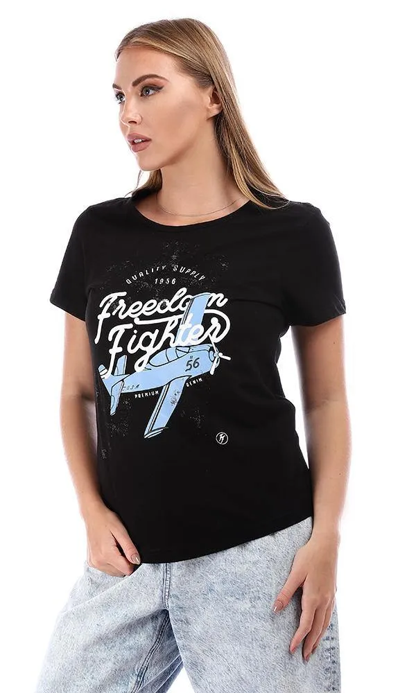 95454 Wide Crew Neck Printed Short Sleeves T-Shirt - Black