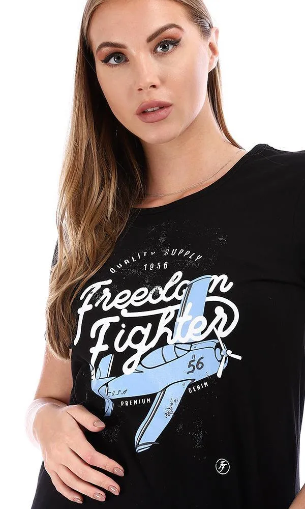 95454 Wide Crew Neck Printed Short Sleeves T-Shirt - Black