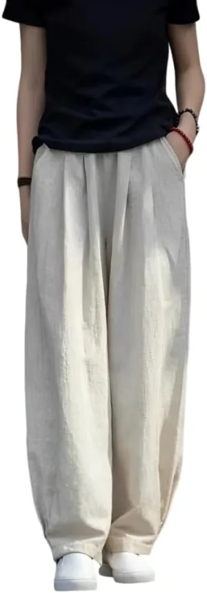 Akivide Linen Pants for Women Summer Beach Casual Baggy Elastic Waist Comfy Straight Trousers with Pockets