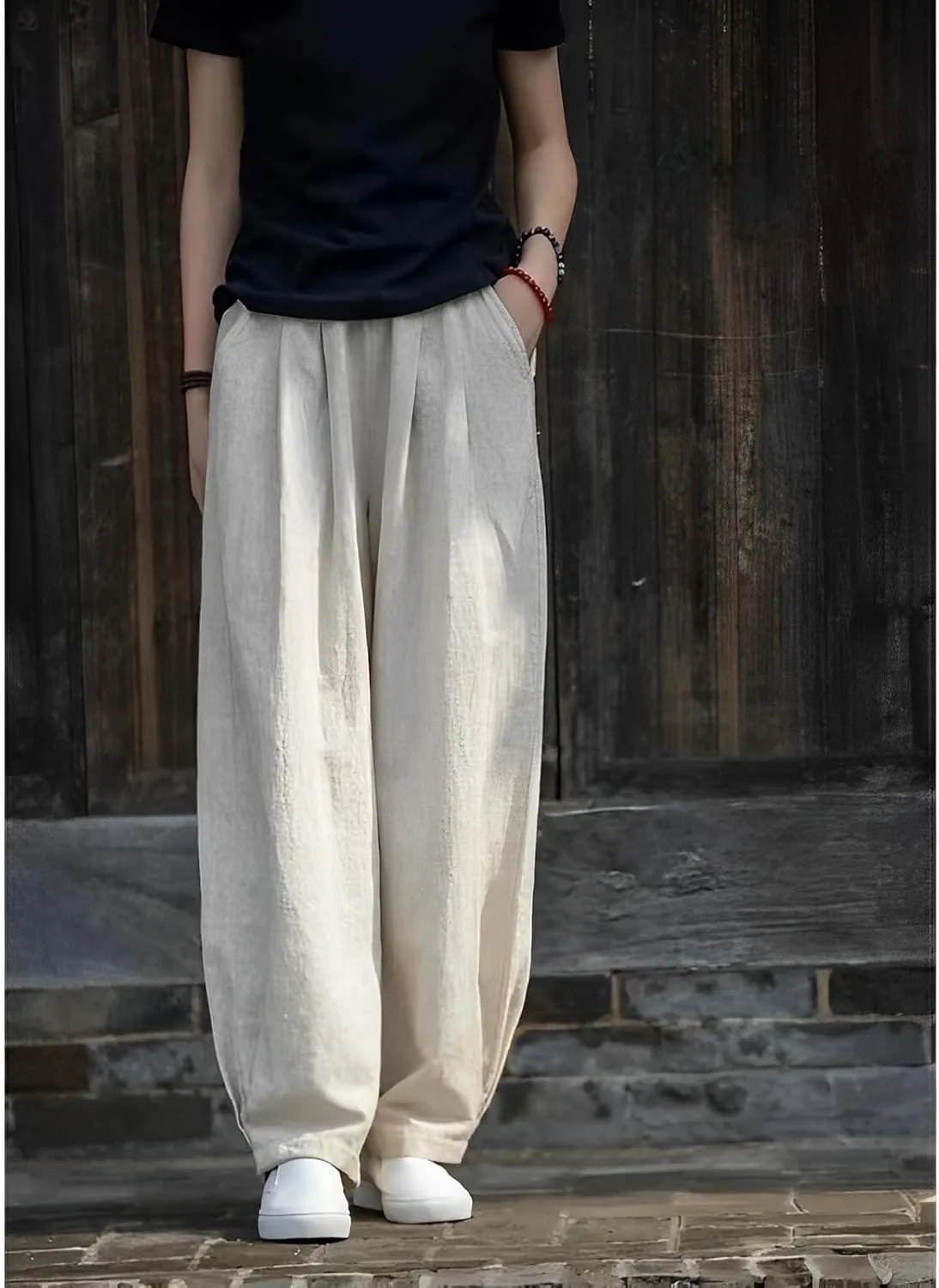 Akivide Linen Pants for Women Summer Beach Casual Baggy Elastic Waist Comfy Straight Trousers with Pockets