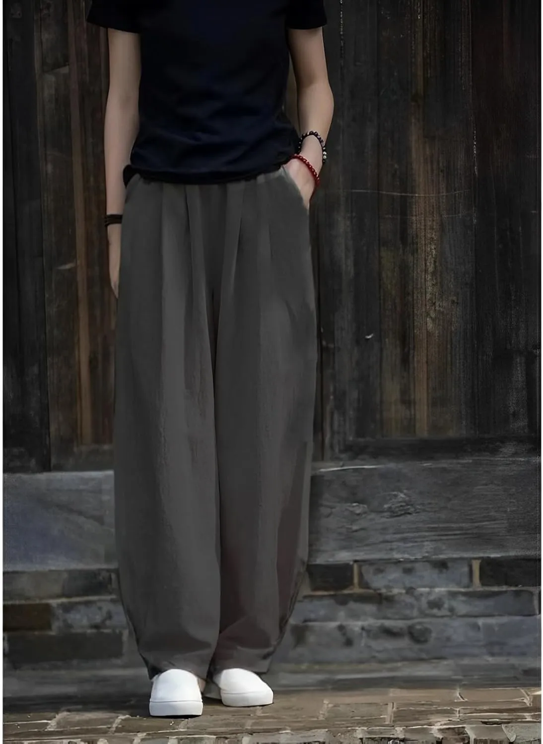 Akivide Linen Pants for Women Summer Beach Casual Baggy Elastic Waist Comfy Straight Trousers with Pockets