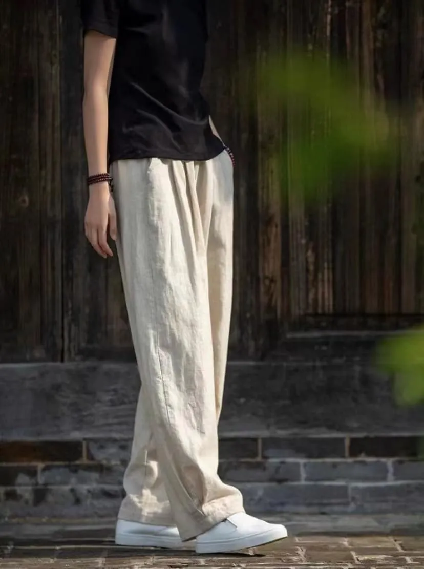 Akivide Linen Pants for Women Summer Beach Casual Baggy Elastic Waist Comfy Straight Trousers with Pockets