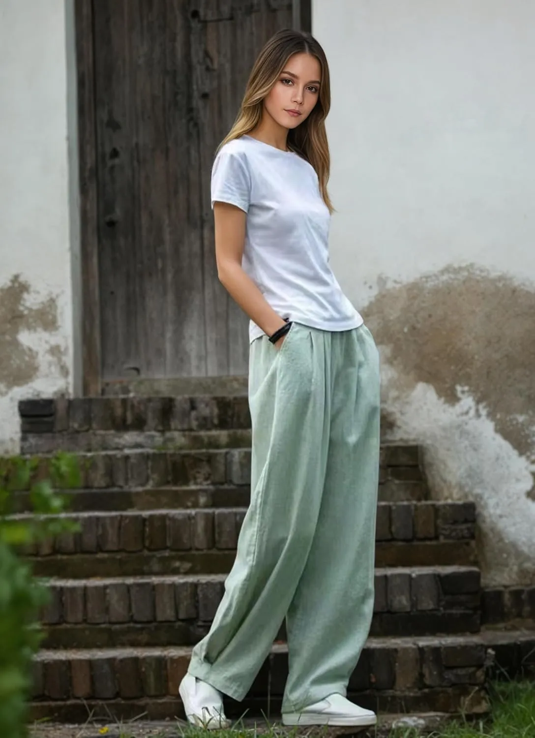 Akivide Linen Pants for Women Summer Beach Casual Baggy Elastic Waist Comfy Straight Trousers with Pockets