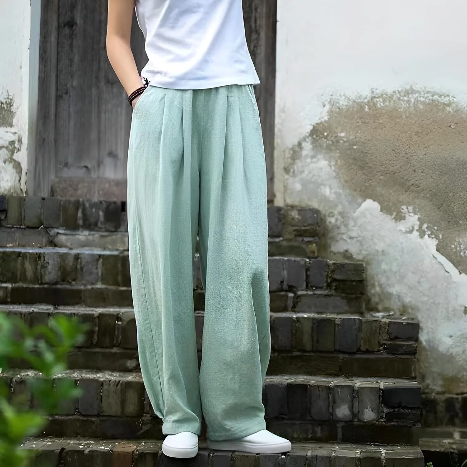 Akivide Linen Pants for Women Summer Beach Casual Baggy Elastic Waist Comfy Straight Trousers with Pockets