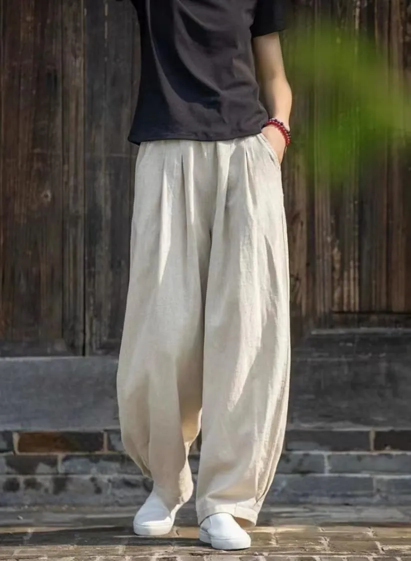 Akivide Linen Pants for Women Summer Beach Casual Baggy Elastic Waist Comfy Straight Trousers with Pockets