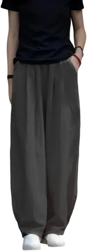 Akivide Linen Pants for Women Summer Beach Casual Baggy Elastic Waist Comfy Straight Trousers with Pockets