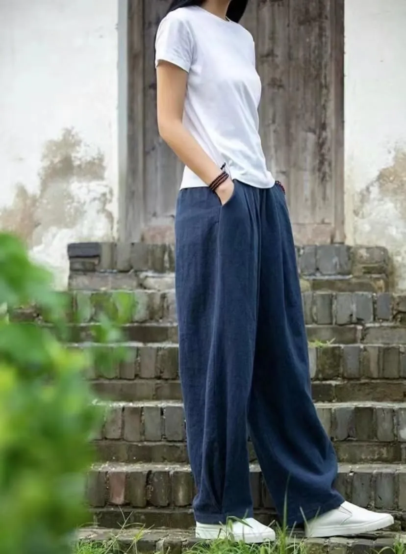 Akivide Linen Pants for Women Summer Beach Casual Baggy Elastic Waist Comfy Straight Trousers with Pockets