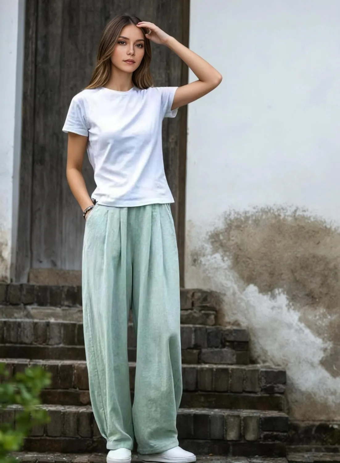 Akivide Linen Pants for Women Summer Beach Casual Baggy Elastic Waist Comfy Straight Trousers with Pockets