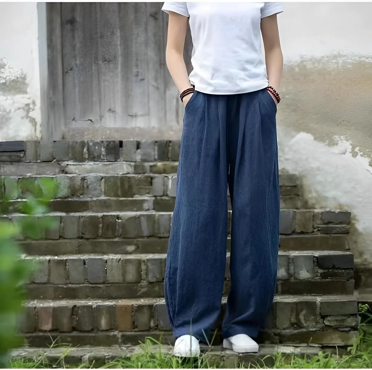 Akivide Linen Pants for Women Summer Beach Casual Baggy Elastic Waist Comfy Straight Trousers with Pockets