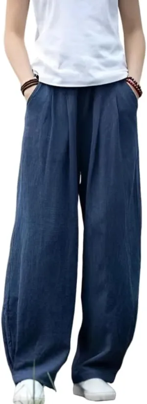 Akivide Linen Pants for Women Summer Beach Casual Baggy Elastic Waist Comfy Straight Trousers with Pockets