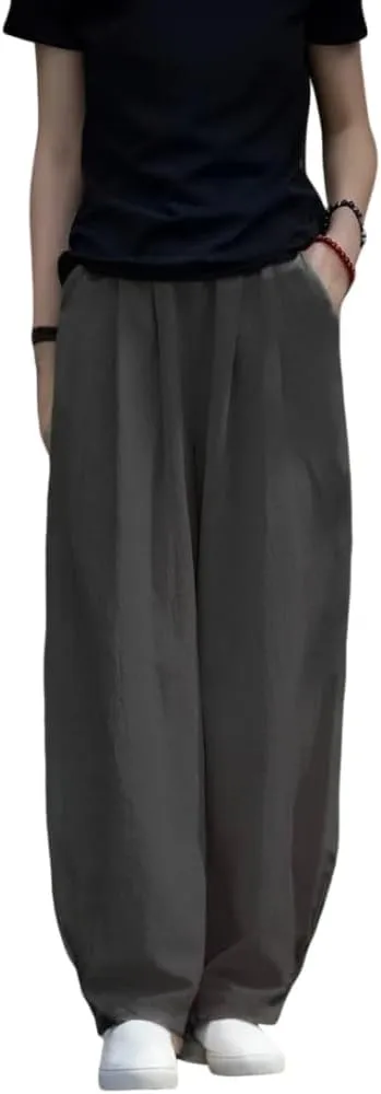 Akivide Linen Pants for Women Summer Beach Casual Baggy Elastic Waist Comfy Straight Trousers with Pockets