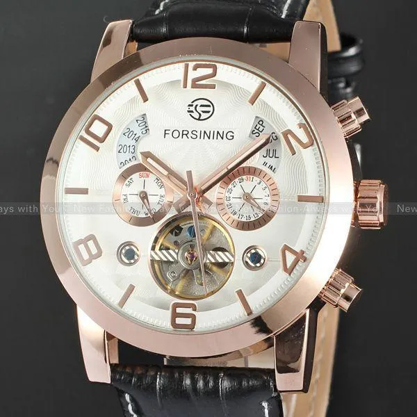 Automatic Stainless Steel Black Leather Strap White Dial Watch for Men