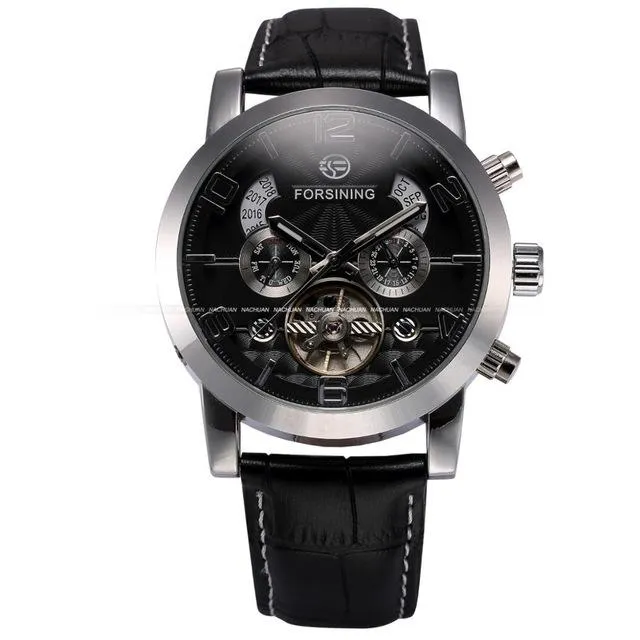 Automatic Stainless Steel Black Leather Strap White Dial Watch for Men