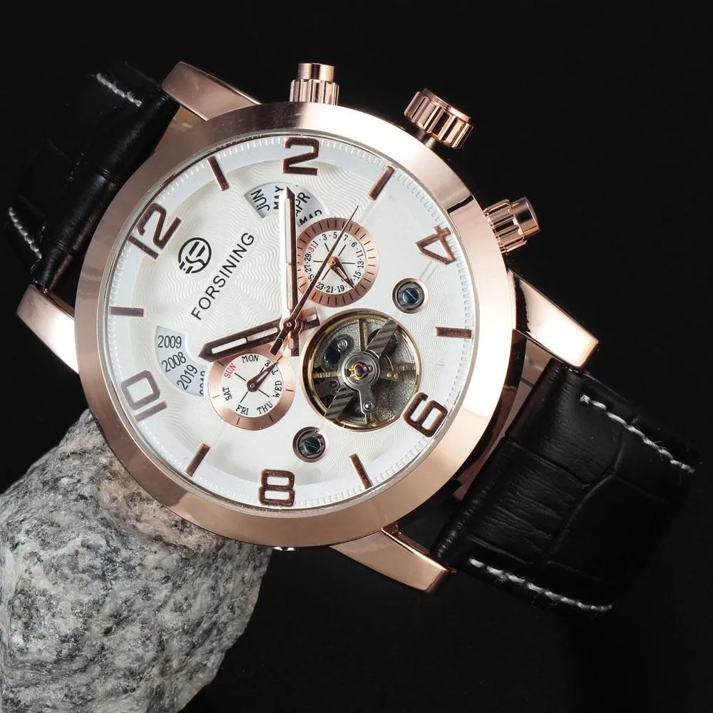 Automatic Stainless Steel Black Leather Strap White Dial Watch for Men
