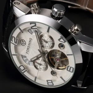 Automatic Stainless Steel Black Leather Strap White Dial Watch for Men