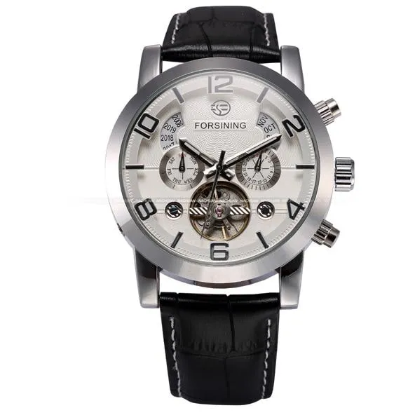 Automatic Stainless Steel Black Leather Strap White Dial Watch for Men